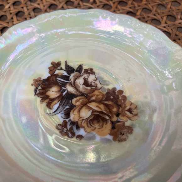 Yellow-Gold Lusterware Tea Porcelain Saucer Set of Two w/Brown Roses - Picture 7 of 10